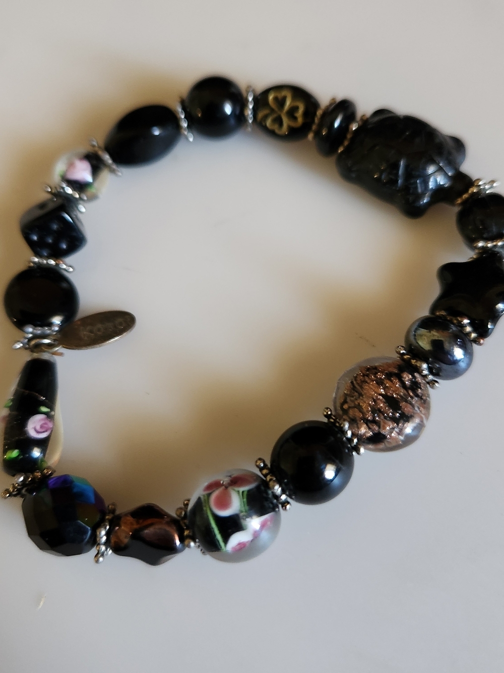 Hand-Painted Hawaiian Black Glass Bead Stretch Bracelet W Turtle